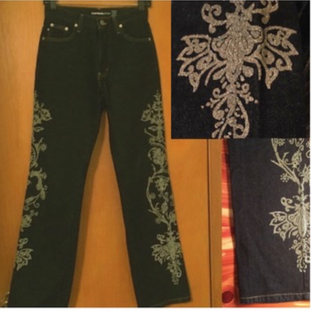 Vintage '90s Express Sparkle Embellished Holiday Bootcut Jeans, Size 1/2 - Picture 1 of 11